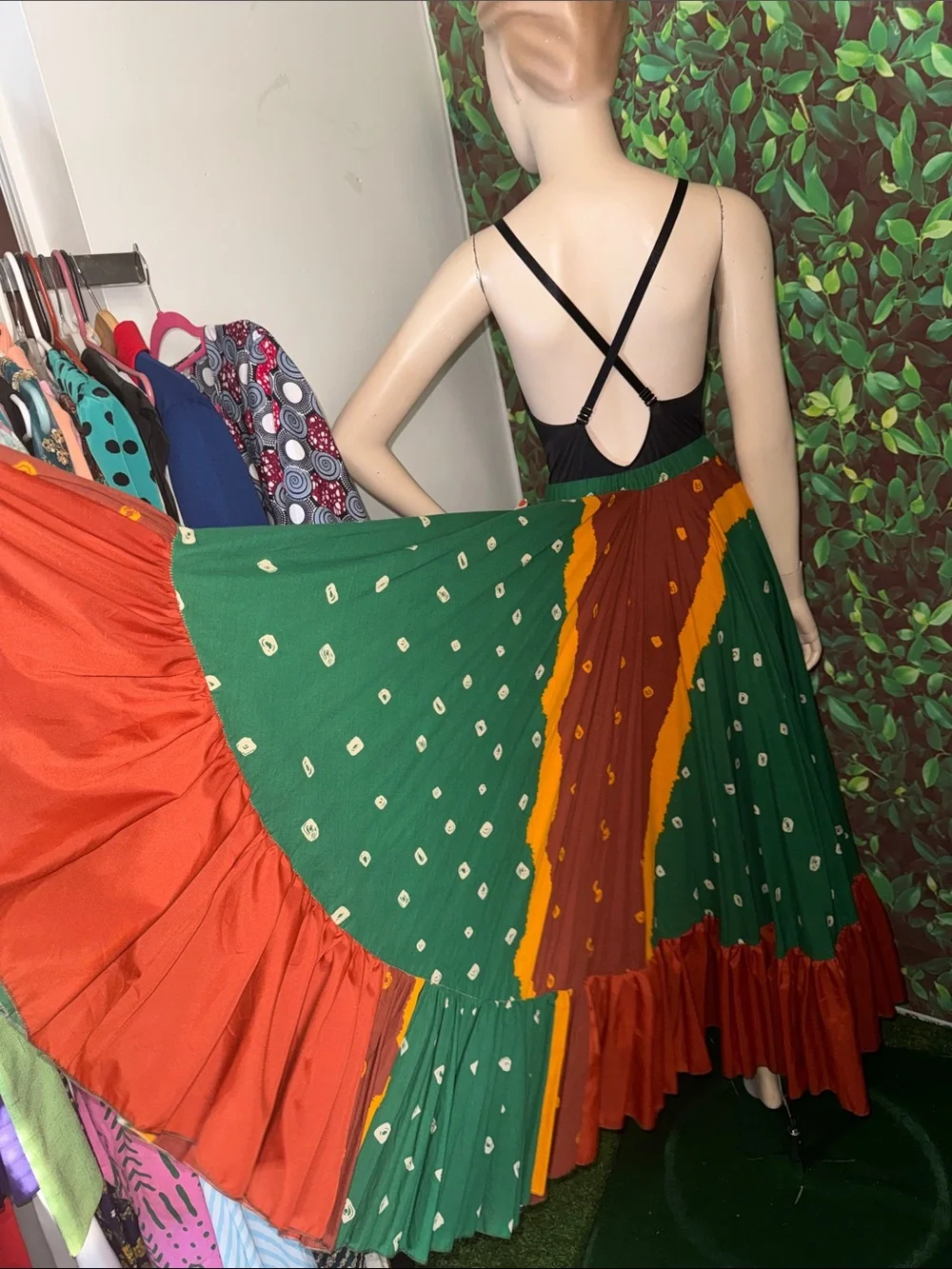 Ethnic Print Ruffle Bottom Maxi Flare Skirt